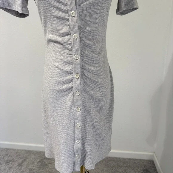 Reformation Lennon Ribbed Ruched Button Front Collared Mini Dress Grey Small - Picture 3 of 8